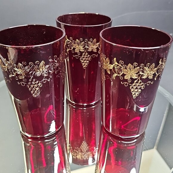 Ruby Red Cranberry Water Cups Etched Grapes Vintage READ - Picture 1 of 10